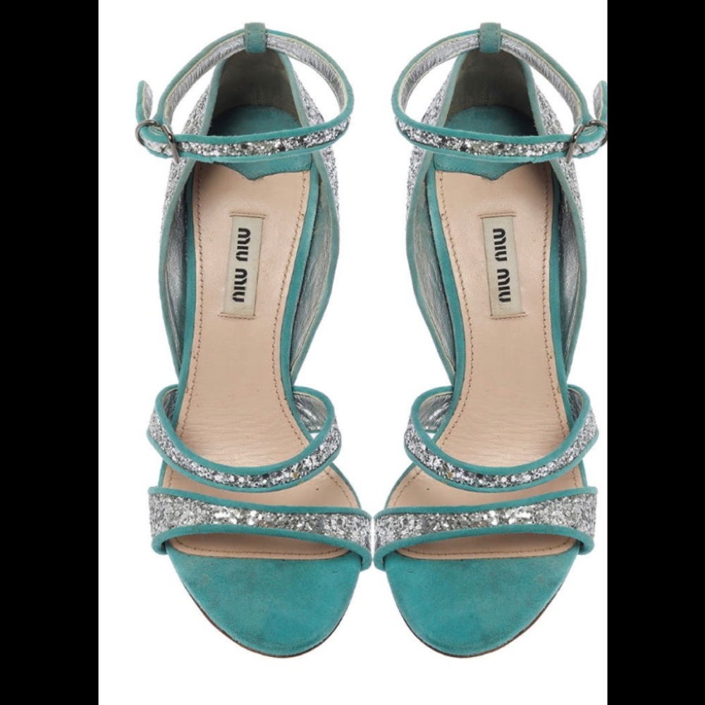 🔥 👠 Miu Miu Silver/Blue Coarse Glitter And Suede Trims Open Toe Sandals 35 /5 US
